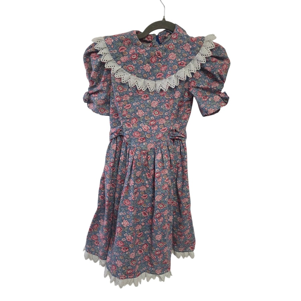 Vintage Style Girls Floral Eyelet Lace Collar Puff Sleeve Dress Pink Blue